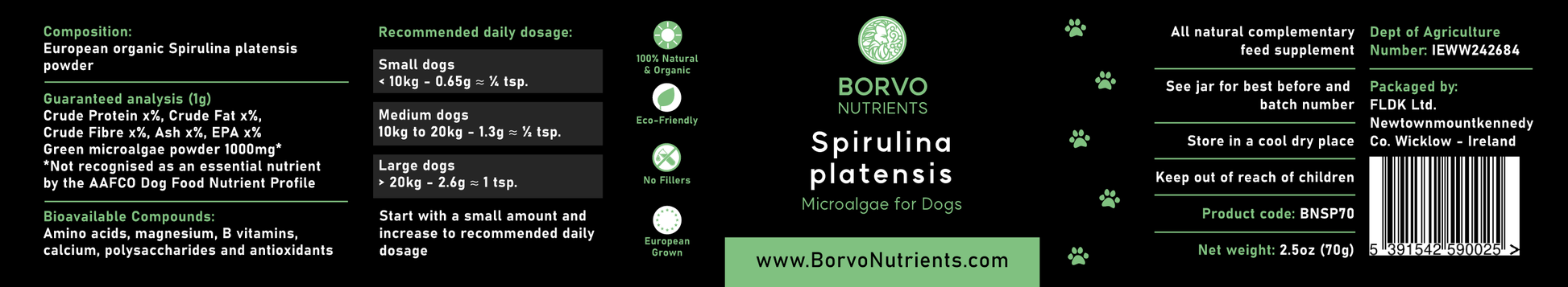 Product label for Spirulina platensis for Dogs by Borvo Nutrients