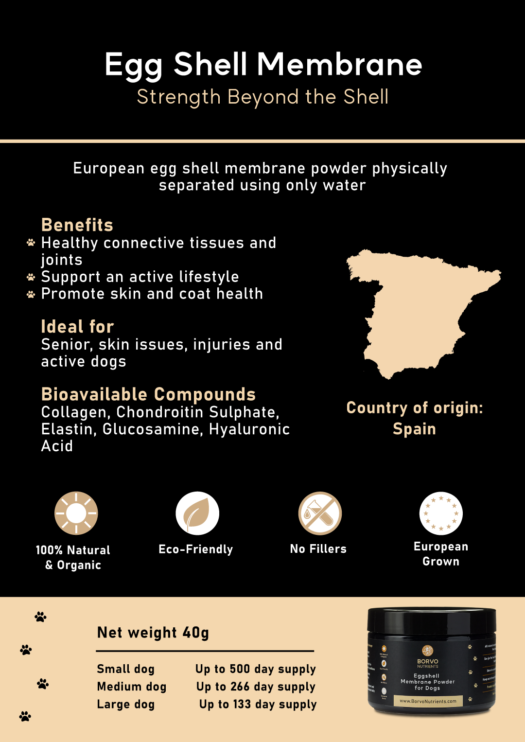 Egg Shell Membrane Brochure (Page 4): This brochure page highlights the benefits, ideal usage, and bioavailable compounds of egg shell membrane powder for dogs. It mentions the product's natural, eco-friendly, and filler-free attributes, with Spain as the country of origin. It also provides supply information based on dog size and the product's net weight.