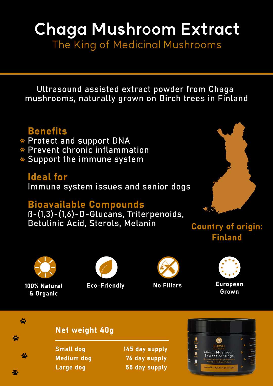 Chaga Mushroom Extract Brochure (Page 5): This brochure page emphasizes the benefits of Chaga Mushroom Extract, including DNA protection, chronic inflammation prevention, and immune system support. It lists the ideal use cases, bioavailable compounds, and attributes such as being natural, eco-friendly, and filler-free, with Finland as the country of origin.