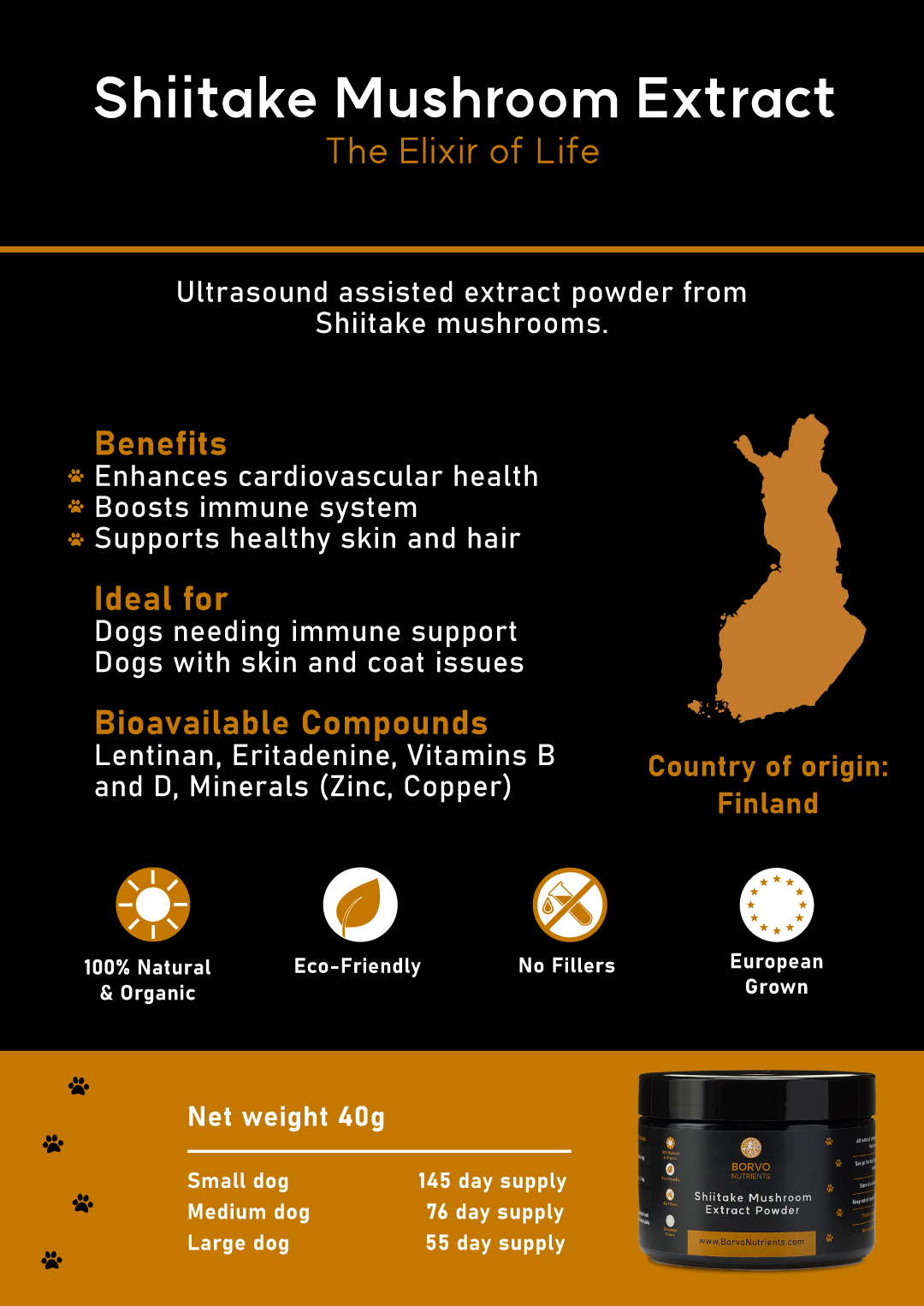 Shiitake Mushroom Extract Brochure (Page 5a): This brochure page highlights the benefits of Shiitake Mushroom Extract, including enhancing cardiovascular health, boosting the immune system, and supporting healthy skin and hair. It lists the ideal use cases, bioavailable compounds, and attributes such as being natural, eco-friendly, and filler-free, with Finland as the country of origin.