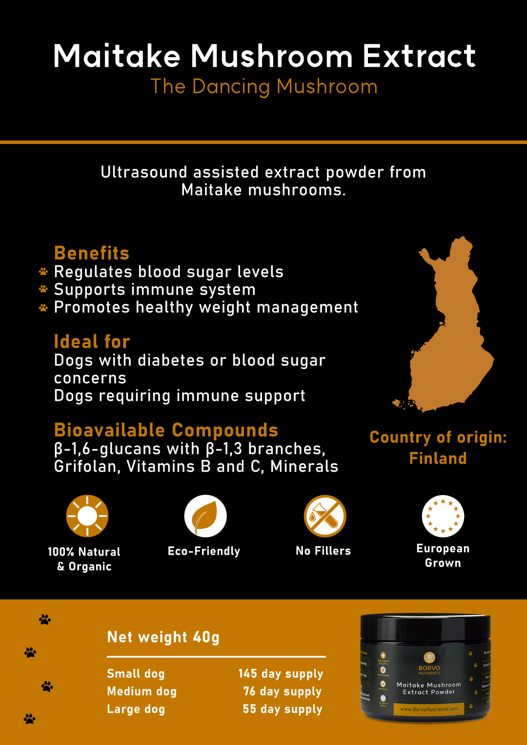 Maitake Mushroom Extract Brochure (Page 5b): This brochure page highlights the benefits of Maitake Mushroom Extract, including regulating blood sugar levels, supporting the immune system, and promoting healthy weight management. It lists the ideal use cases, bioavailable compounds, and attributes such as being natural, eco-friendly, and filler-free, with Finland as the country of origin.