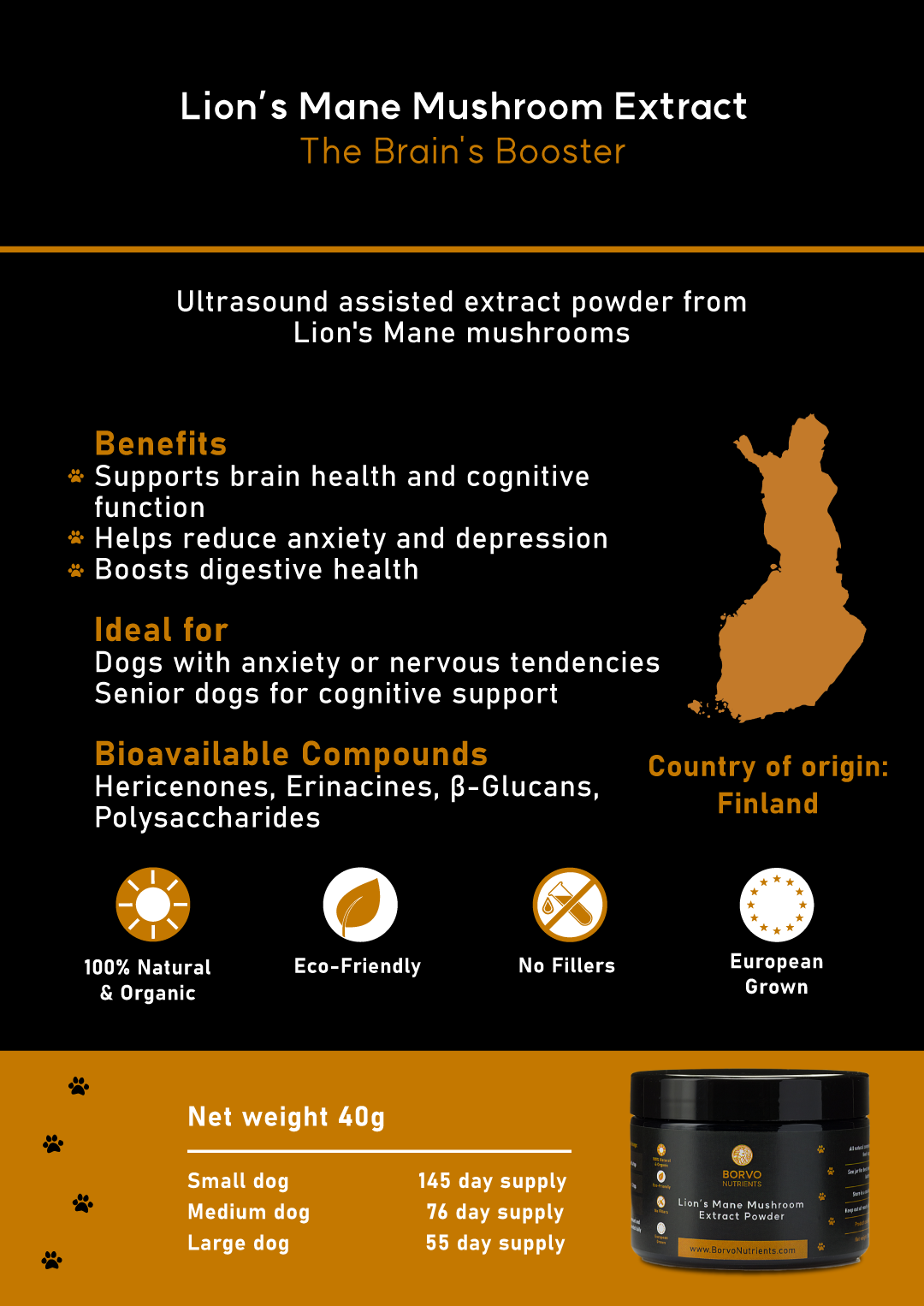 Lion's Mane Mushroom Extract Brochure (Page 5c): This brochure page highlights the benefits of Lion's Mane Mushroom Extract, focusing on brain health, cognitive function support, anxiety and depression reduction, and digestive health improvement. It lists the ideal use cases, bioavailable compounds, and attributes such as being natural, eco-friendly, and filler-free, with Finland as the country of origin.