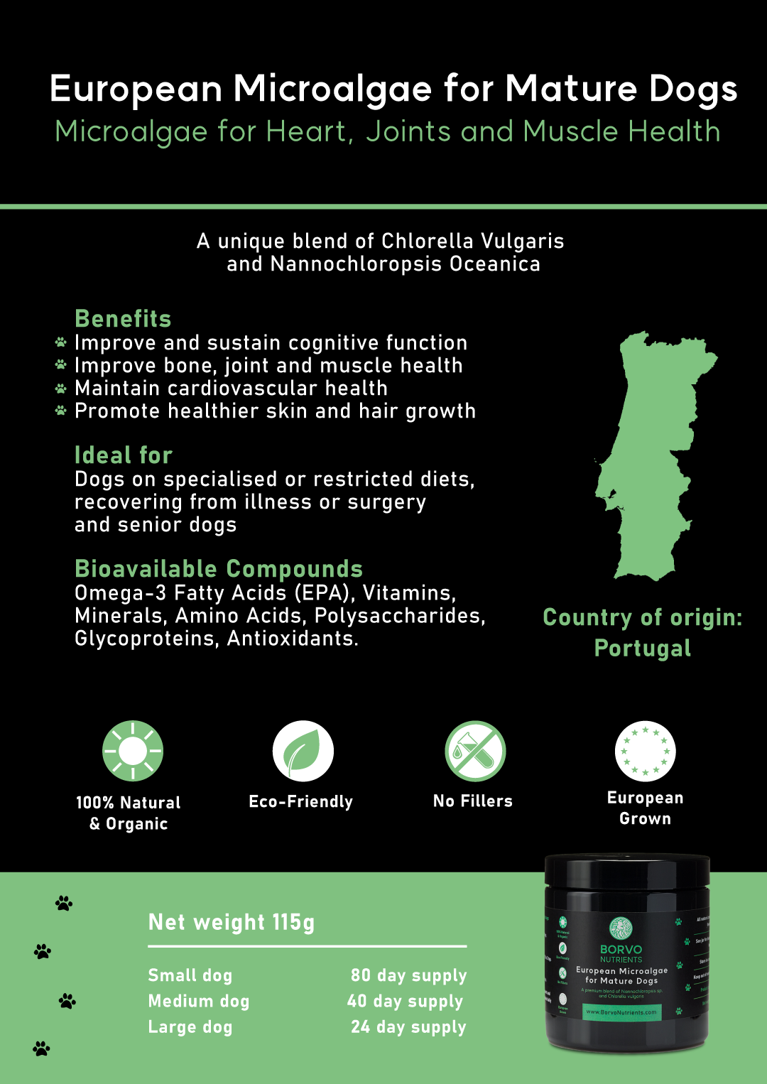 Mature Blend Brochure (Page 7): This brochure page highlights the benefits of the microalgae blend for heart, joints, and muscle health in mature dogs. It mentions the ideal use cases, bioavailable compounds, and attributes like being natural, eco-friendly, and filler-free, with Portugal as the country of origin.