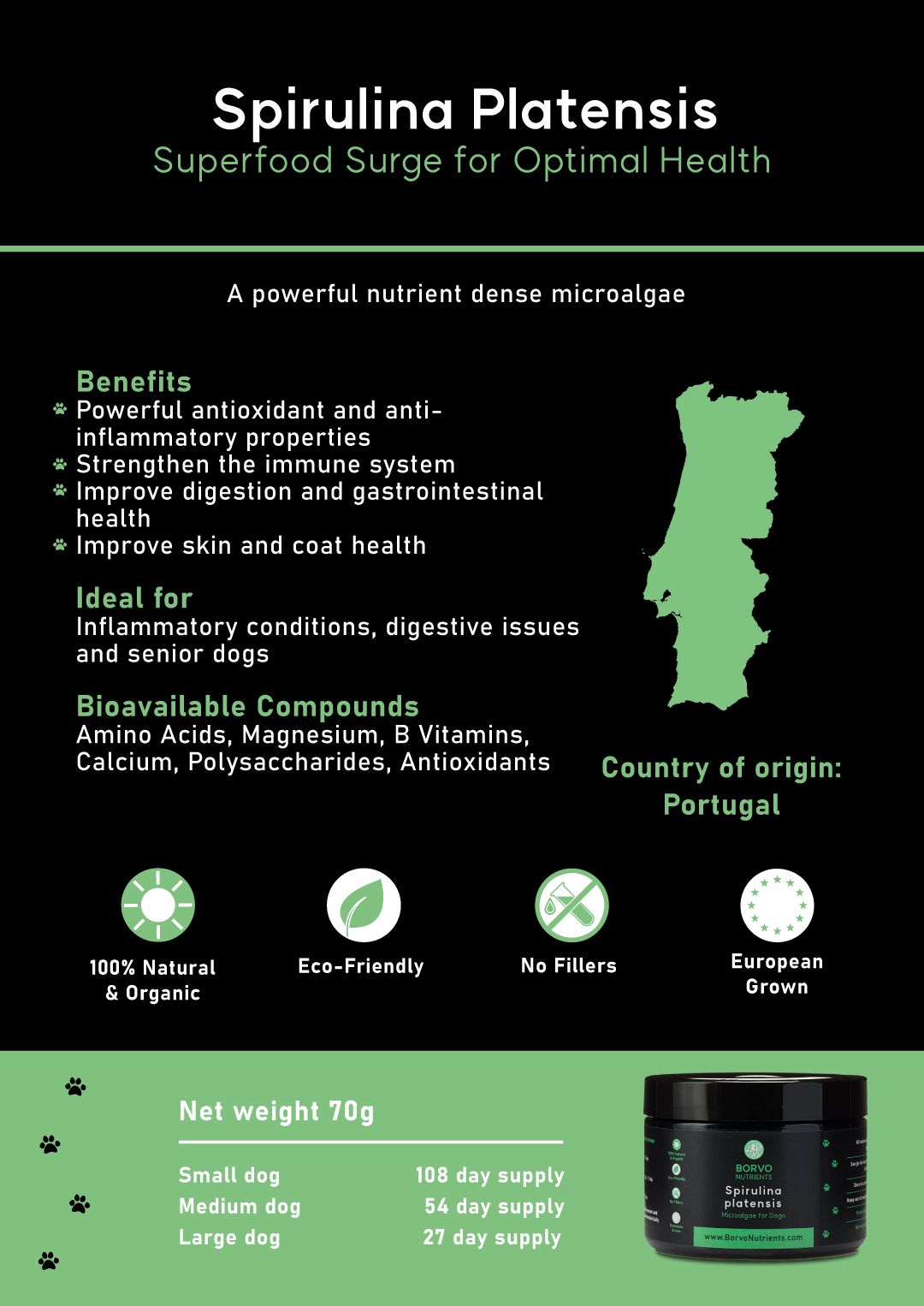 Spirulina Platensis Brochure (Page 8): This brochure page details the benefits of Spirulina Platensis, focusing on its antioxidant and anti-inflammatory properties, immune system support, digestive and gastrointestinal health improvement, and skin and coat health enhancement. It mentions the ideal use cases, bioavailable compounds, and attributes such as being natural, eco-friendly, and filler-free, with Portugal as the country of origin.