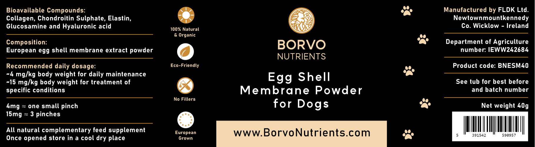 Product label for Borvo Nutrient Egg Shell Membrane powder