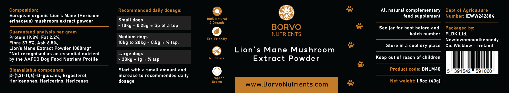 Product label for Lions Mane Extract Powder by Borvo Nutrients