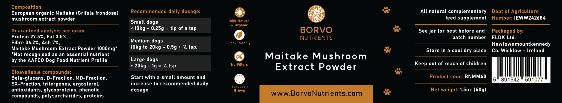 Product label for Maitake Mushroom Extract for dogs by Borvo Nutrients