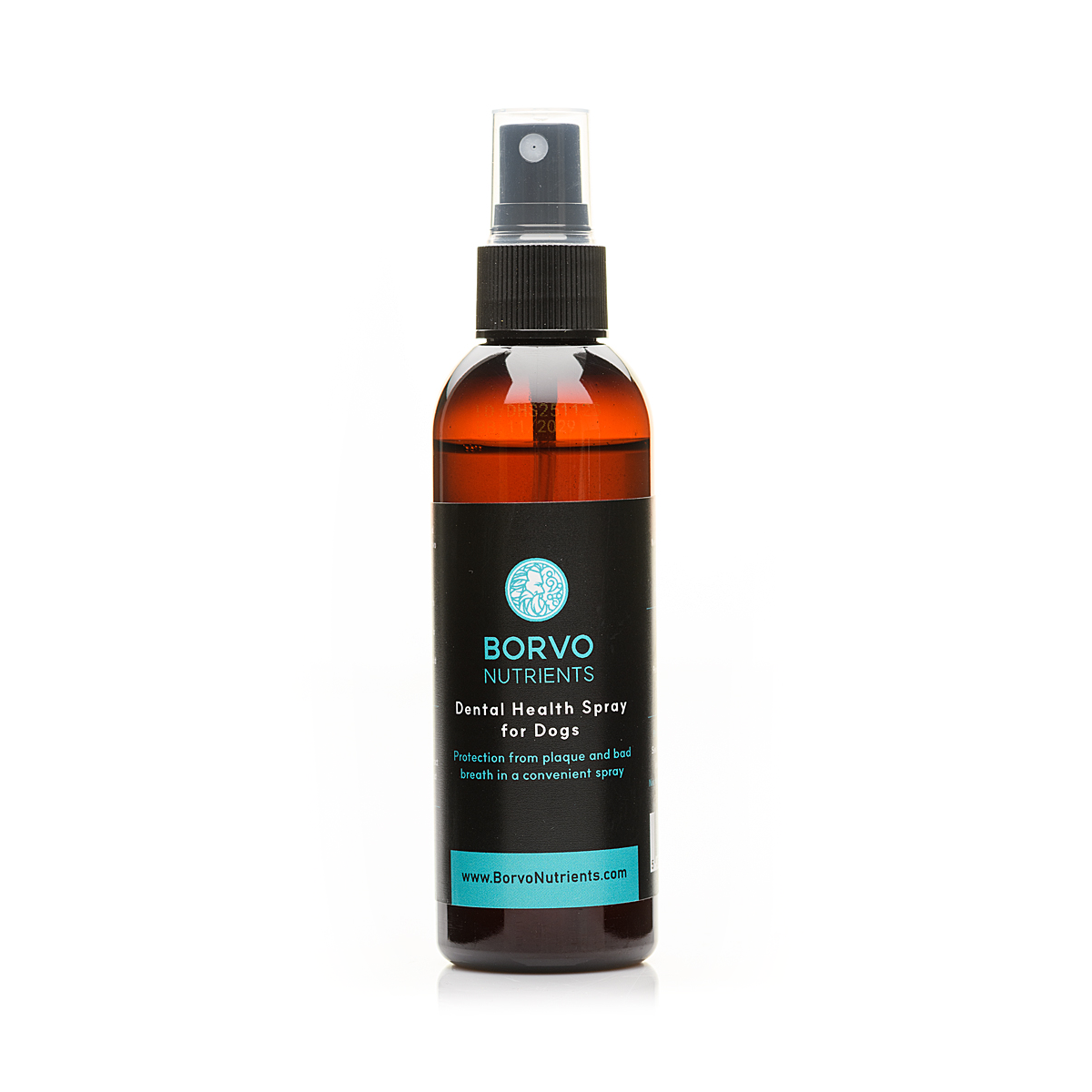 Amber glass bottle of Borvo Nutrients Dental Health Spray for Dogs with black label and teal logo, shown against a plain white background.