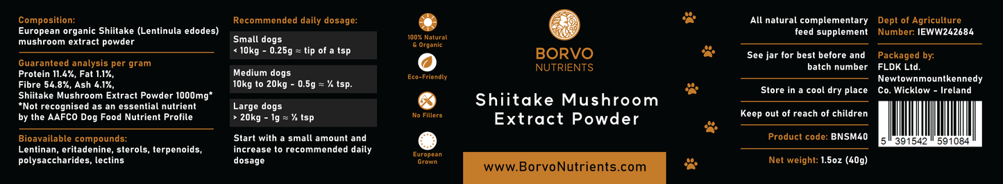 Product label for Borvo Nutrients Shiitake Mushroom Extract Powder for Dogs