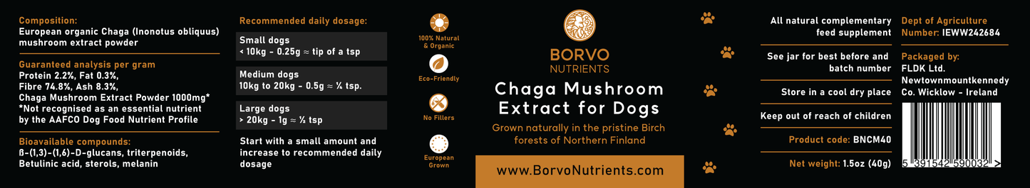 Product label for Chaga Mushroom Extract for Dogs by Borvo Nutrients