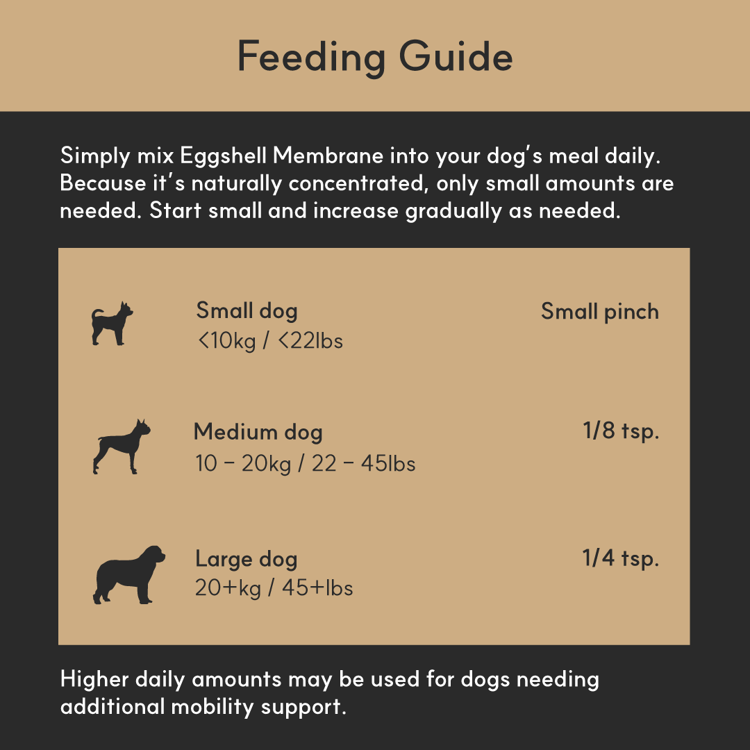 Feeding guide for using eggshell membrane in a dog's diet on a brown background