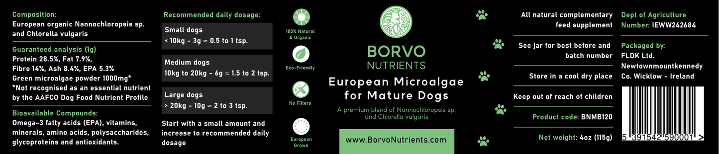 Product Label for Borvo Nutrients Microalgae for Mature Dogs